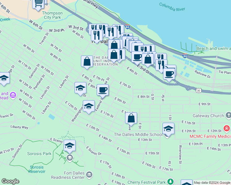 map of restaurants, bars, coffee shops, grocery stores, and more near 420 East 8th Street in The Dalles