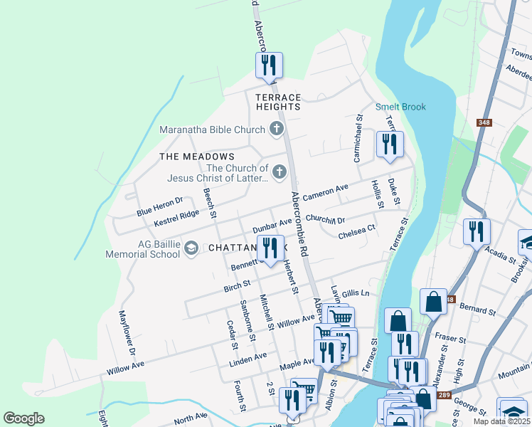 map of restaurants, bars, coffee shops, grocery stores, and more near 345 Cameron Avenue in New Glasgow