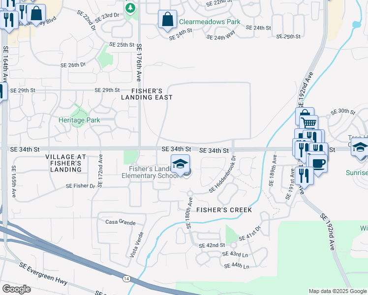 map of restaurants, bars, coffee shops, grocery stores, and more near Southeast 34th Street in Vancouver