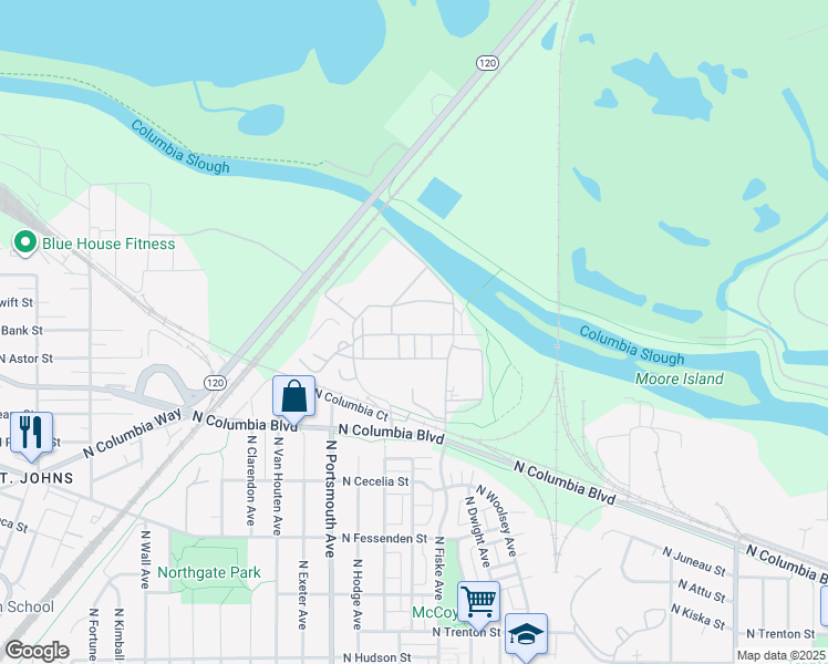 map of restaurants, bars, coffee shops, grocery stores, and more near 5001 North Columbia Boulevard in Portland