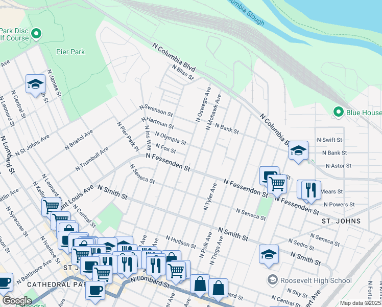 map of restaurants, bars, coffee shops, grocery stores, and more near 8032 North Olympia Street in Portland