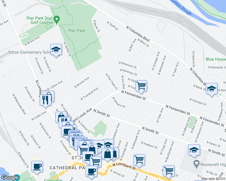 map of restaurants, bars, coffee shops, grocery stores, and more near 9156 North Pier Park Place in Portland