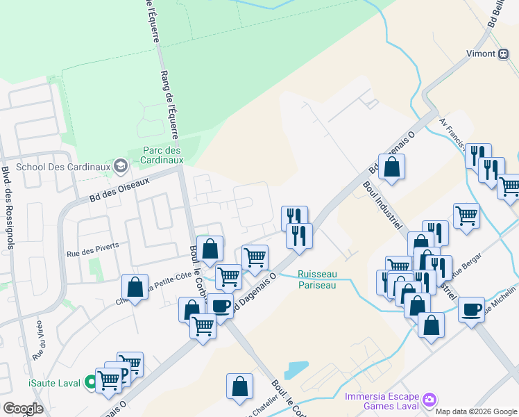 map of restaurants, bars, coffee shops, grocery stores, and more near 851 Croissant des Roselins in Laval