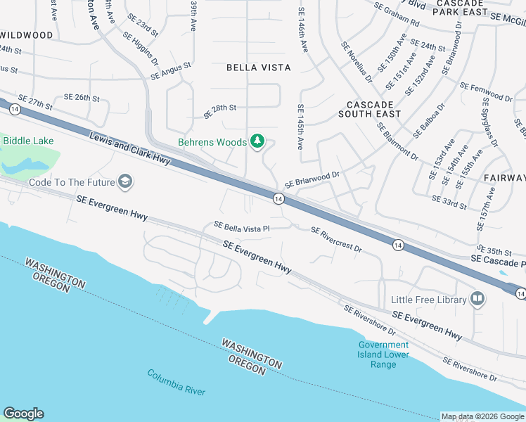 map of restaurants, bars, coffee shops, grocery stores, and more near 14215 Southeast Bella Vista Circle in Vancouver