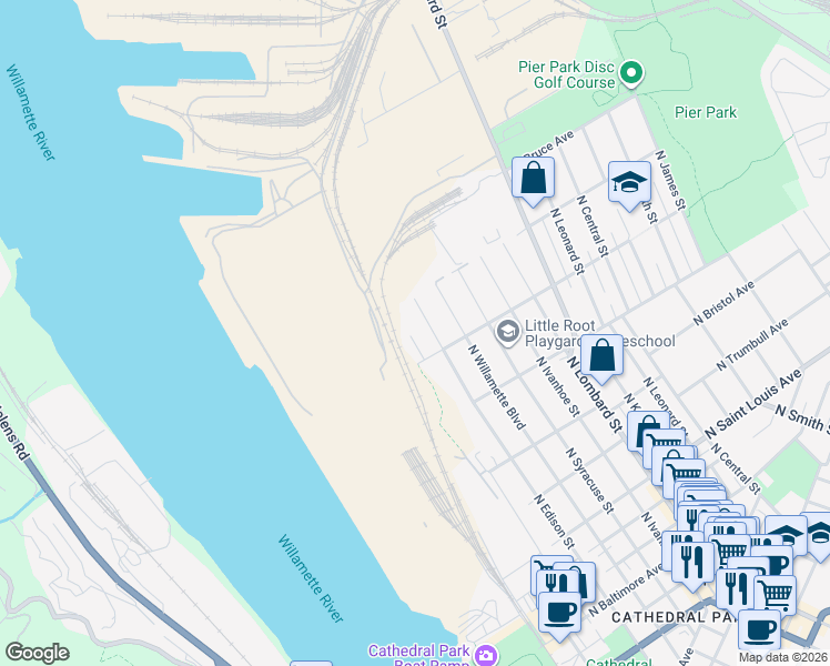 map of restaurants, bars, coffee shops, grocery stores, and more near 9955 North Decatur Street in Portland