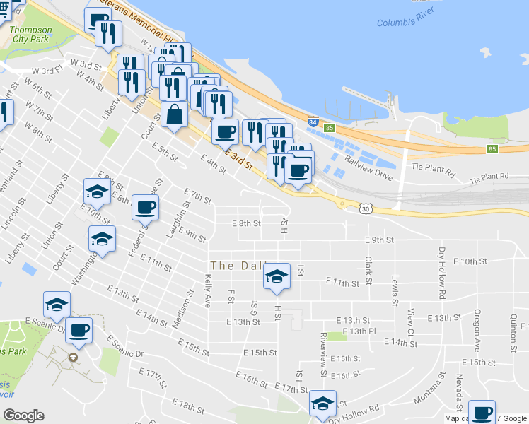 map of restaurants, bars, coffee shops, grocery stores, and more near 1000 East 7th Street in The Dalles