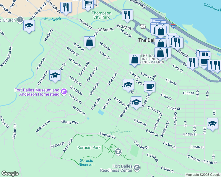 map of restaurants, bars, coffee shops, grocery stores, and more near 112 West 11th Street in The Dalles