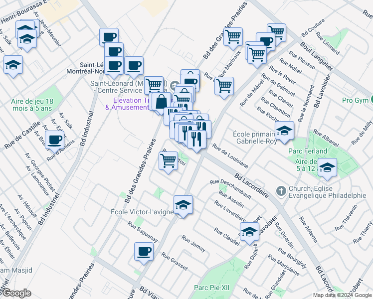 map of restaurants, bars, coffee shops, grocery stores, and more near 9238 Boulevard Lacordaire in Montréal