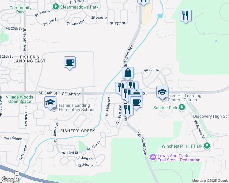 map of restaurants, bars, coffee shops, grocery stores, and more near 19100 Southeast 34th Street in Vancouver