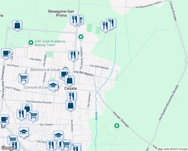 map of restaurants, bars, coffee shops, grocery stores, and more near 47 Via dei Martiri in Cesate
