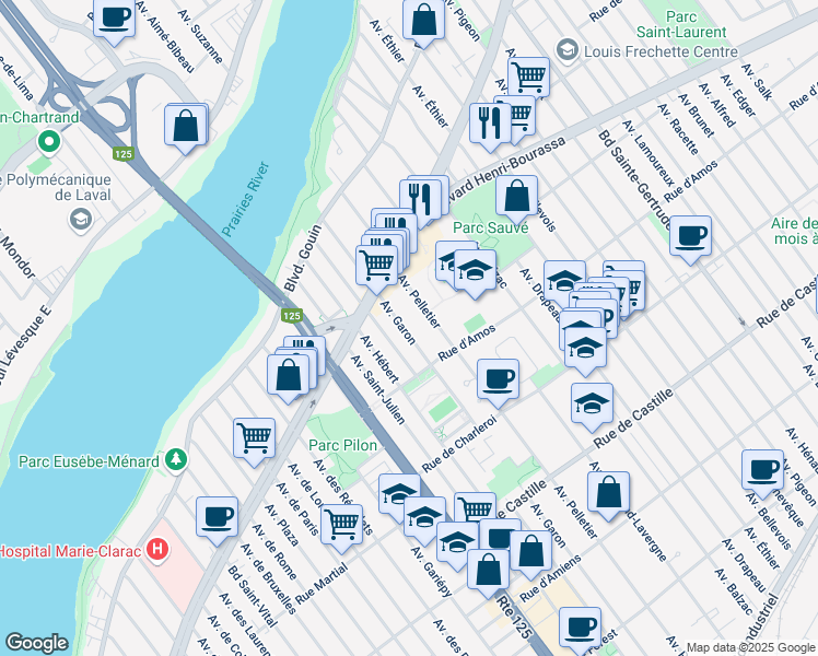 map of restaurants, bars, coffee shops, grocery stores, and more near 11379 Avenue Garon in Montréal