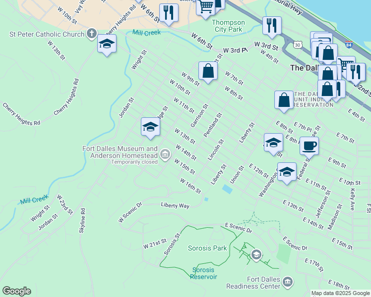 map of restaurants, bars, coffee shops, grocery stores, and more near 419 West 14th Street in The Dalles