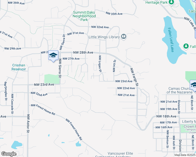 map of restaurants, bars, coffee shops, grocery stores, and more near 2451 Northwest Logan Street in Camas