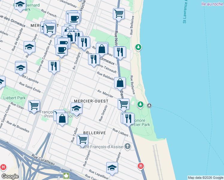 map of restaurants, bars, coffee shops, grocery stores, and more near 8520 Rue Ontario Est in Montréal