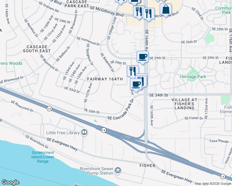 map of restaurants, bars, coffee shops, grocery stores, and more near 15918 Southeast 34th Street in Vancouver