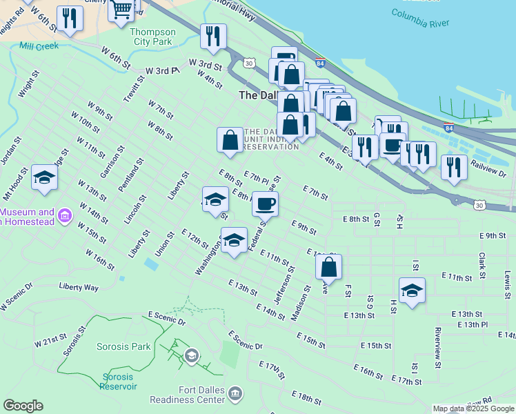 map of restaurants, bars, coffee shops, grocery stores, and more near 308 East 8th Place in The Dalles