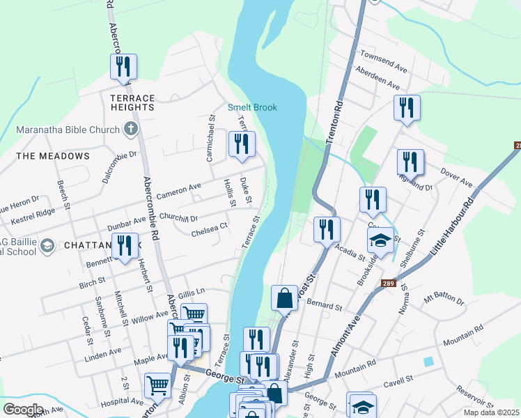 map of restaurants, bars, coffee shops, grocery stores, and more near Terrace Street in New Glasgow