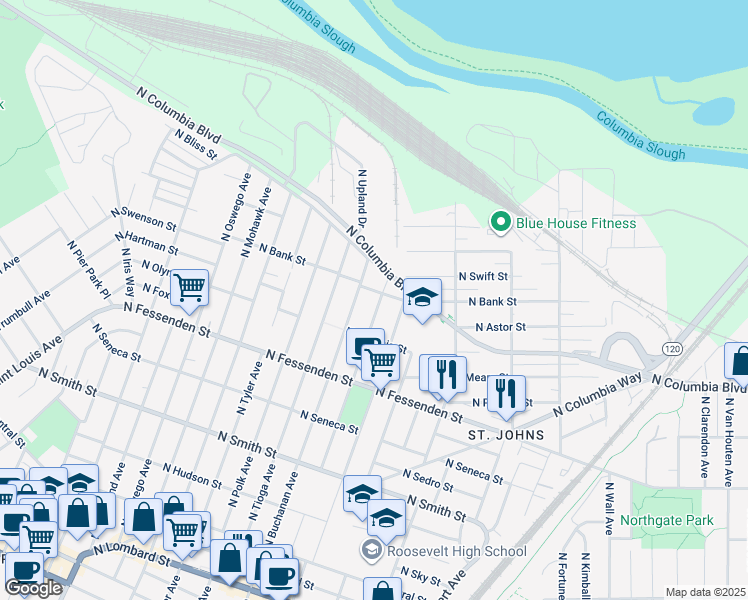 map of restaurants, bars, coffee shops, grocery stores, and more near 10135 North Calhoun Avenue in Portland