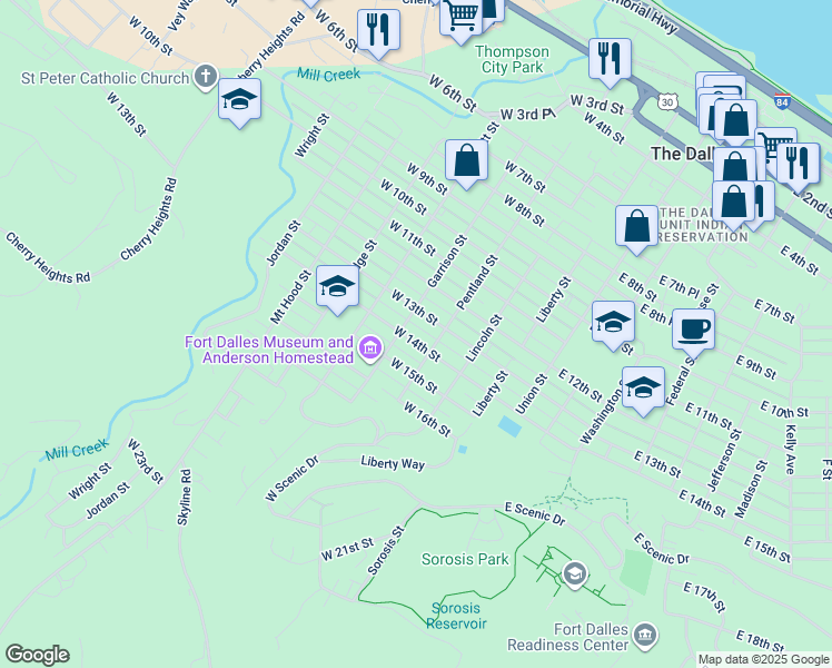 map of restaurants, bars, coffee shops, grocery stores, and more near 419 West 14th Street in The Dalles