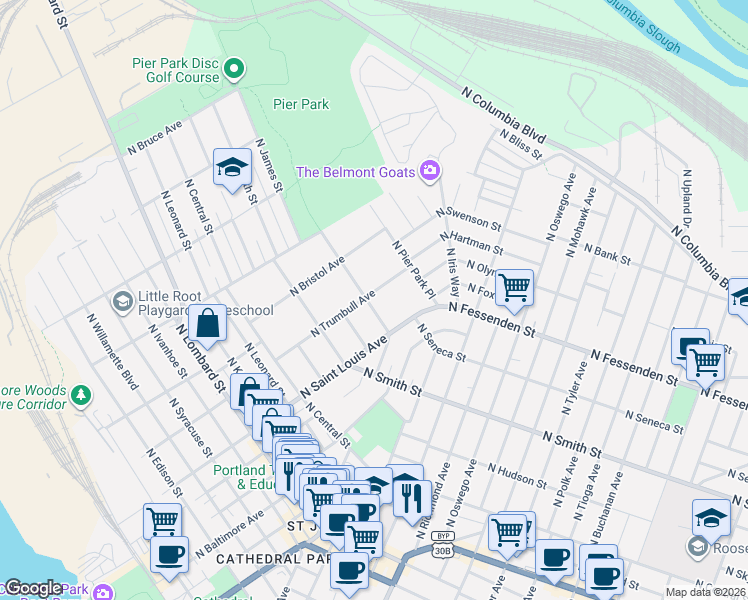 map of restaurants, bars, coffee shops, grocery stores, and more near 9239 North Seneca Street in Portland