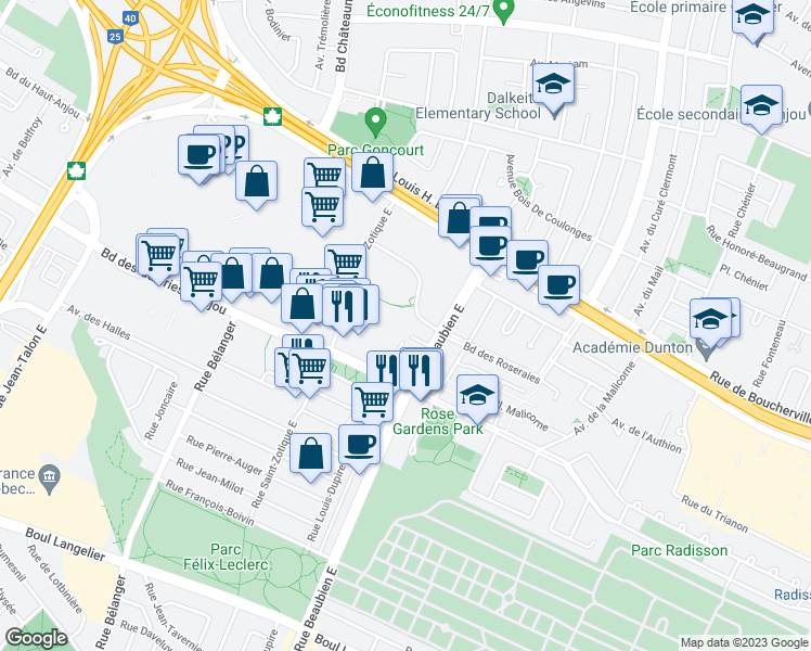 map of restaurants, bars, coffee shops, grocery stores, and more near 6824 Boulevard des Roseraies in Montréal