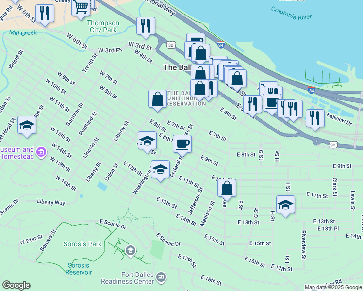 map of restaurants, bars, coffee shops, grocery stores, and more near 911 Federal Street in The Dalles