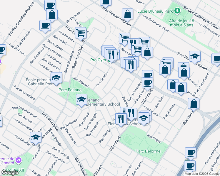 map of restaurants, bars, coffee shops, grocery stores, and more near 6225 Rue Belherbe in Montréal