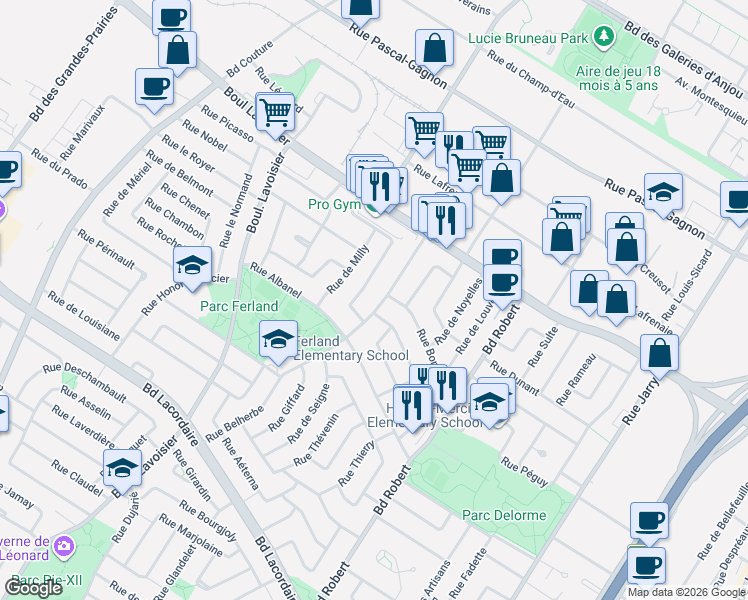 map of restaurants, bars, coffee shops, grocery stores, and more near 6225 Rue Belherbe in Montréal