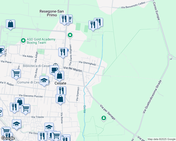 map of restaurants, bars, coffee shops, grocery stores, and more near 47 Via dei Martiri in Cesate
