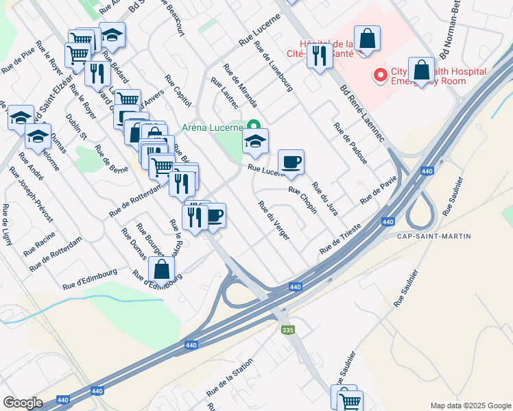 map of restaurants, bars, coffee shops, grocery stores, and more near 1668 Rue du Verger in Laval
