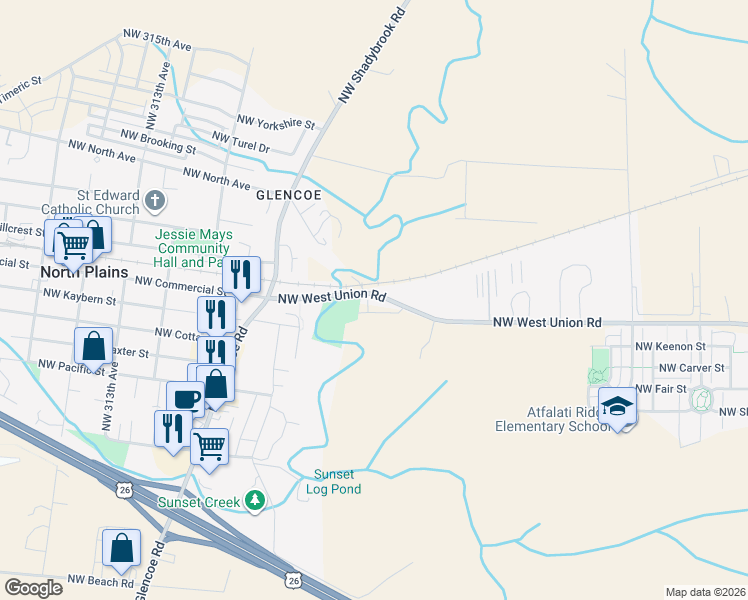 map of restaurants, bars, coffee shops, grocery stores, and more near 10610 Northwest 303rd Place in North Plains