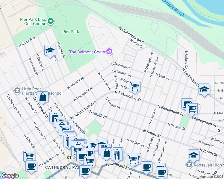 map of restaurants, bars, coffee shops, grocery stores, and more near 9109 North Pier Park Place in Portland