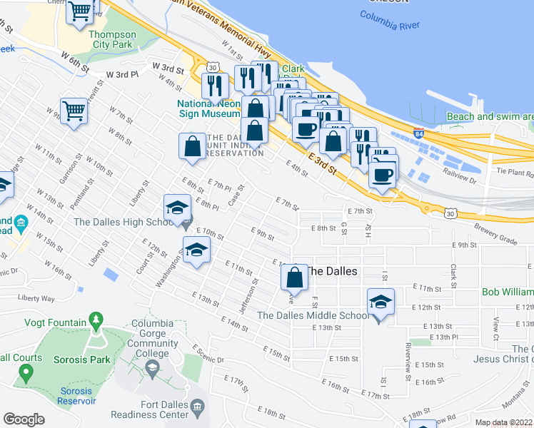 map of restaurants, bars, coffee shops, grocery stores, and more near Laughlin Street in The Dalles