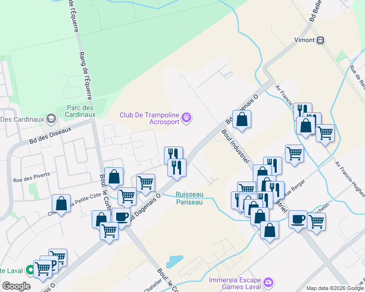 map of restaurants, bars, coffee shops, grocery stores, and more near 4450 Rue Garand in Laval