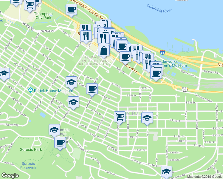 map of restaurants, bars, coffee shops, grocery stores, and more near 507 East 8th Street in The Dalles
