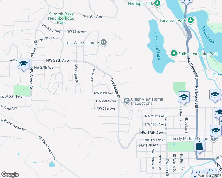 map of restaurants, bars, coffee shops, grocery stores, and more near 2320 Northwest Galaxy Street in Camas