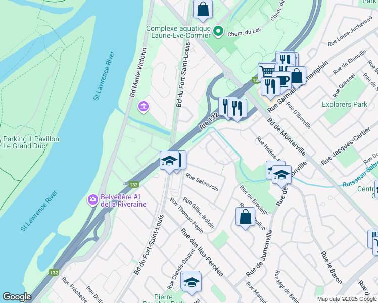 map of restaurants, bars, coffee shops, grocery stores, and more near Place Samuel de Champlain in Boucherville