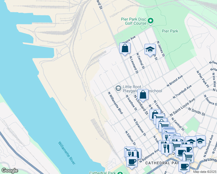 map of restaurants, bars, coffee shops, grocery stores, and more near 7011 North Reno Avenue in Portland