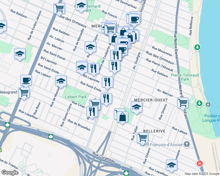 map of restaurants, bars, coffee shops, grocery stores, and more near in Montreal