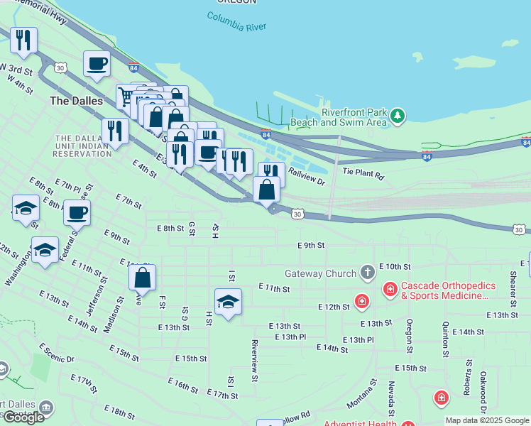 map of restaurants, bars, coffee shops, grocery stores, and more near 1006 East 3rd Street in The Dalles