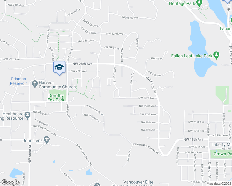 map of restaurants, bars, coffee shops, grocery stores, and more near 2441 Northwest Logan Street in Camas