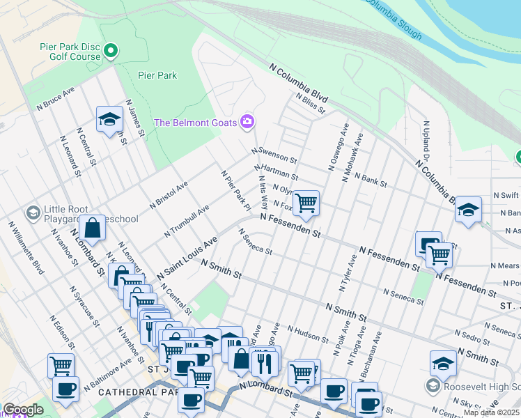 map of restaurants, bars, coffee shops, grocery stores, and more near 9109 North Pier Park Place in Portland