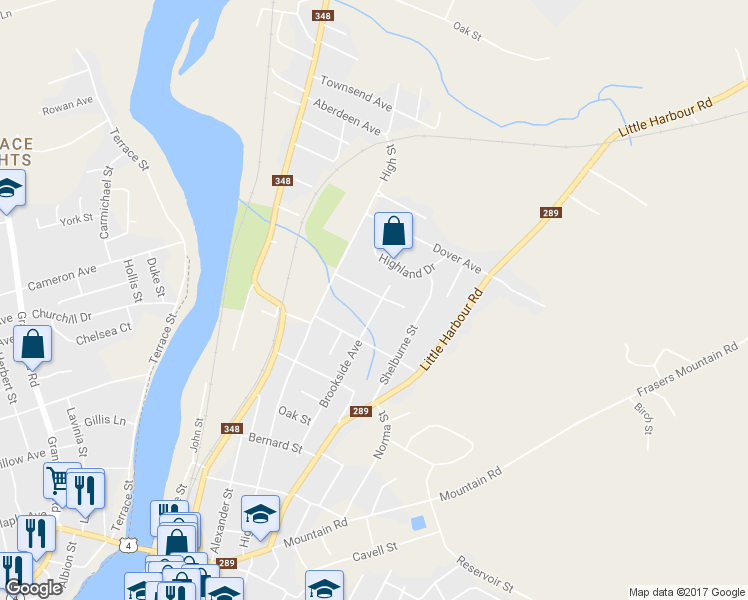 map of restaurants, bars, coffee shops, grocery stores, and more near 412 Brookside Avenue in New Glasgow