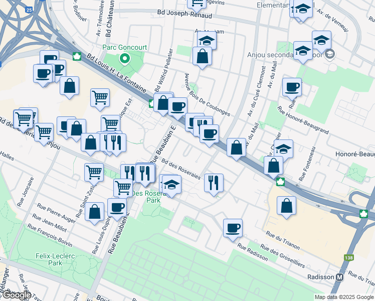 map of restaurants, bars, coffee shops, grocery stores, and more near 6578 Tsse Du Val D'Anjou in Montreal