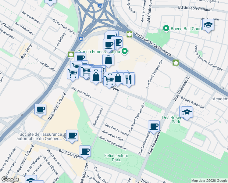 map of restaurants, bars, coffee shops, grocery stores, and more near 7171 Rue Bélanger in Montréal