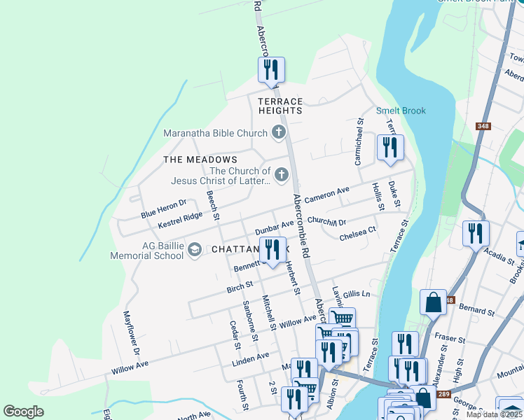 map of restaurants, bars, coffee shops, grocery stores, and more near 345 Cameron Avenue in New Glasgow