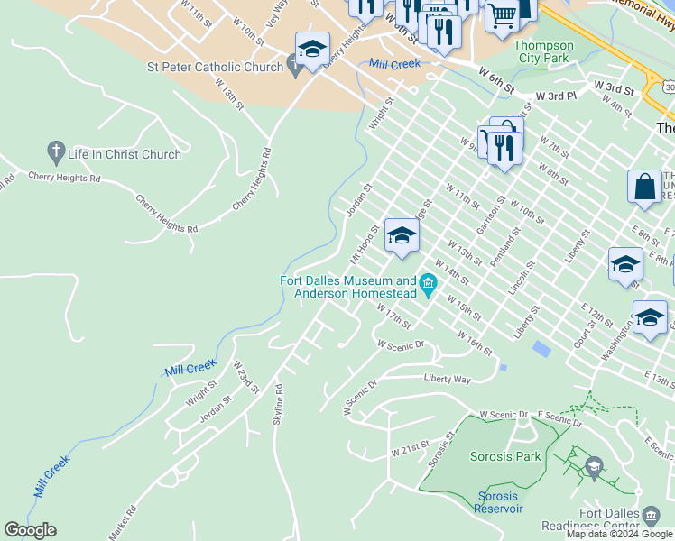 map of restaurants, bars, coffee shops, grocery stores, and more near 1717 Mount Hood Street in The Dalles