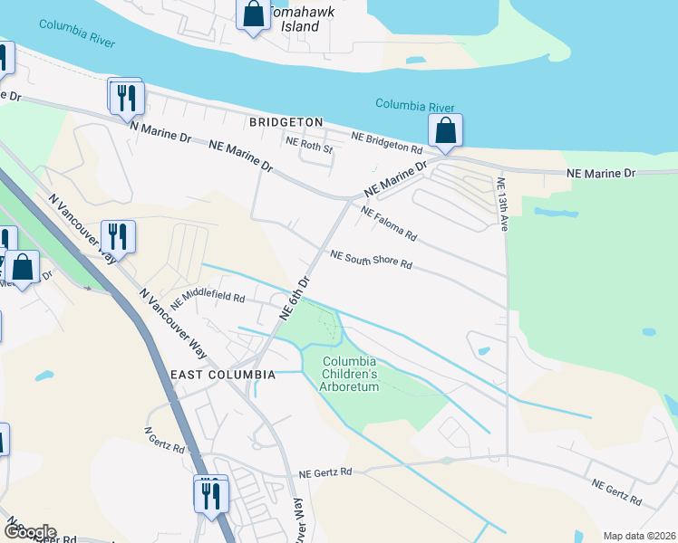 map of restaurants, bars, coffee shops, grocery stores, and more near 534 Northeast South Shore Road in Portland