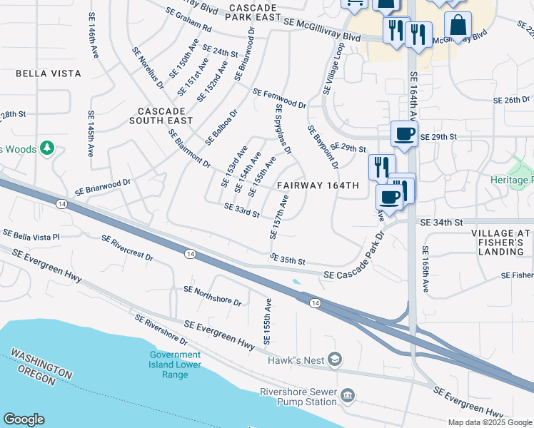 map of restaurants, bars, coffee shops, grocery stores, and more near 3219 Southeast 156th Avenue in Vancouver
