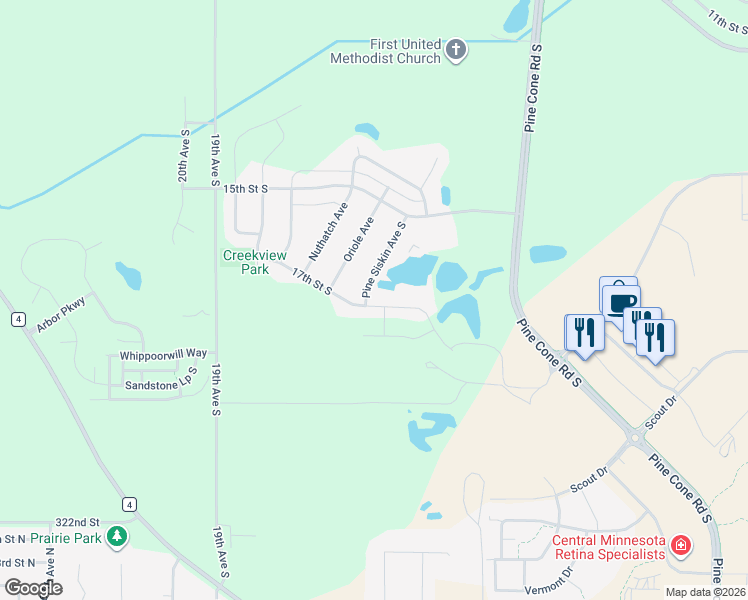 map of restaurants, bars, coffee shops, grocery stores, and more near 1205 17th Street South in Sartell